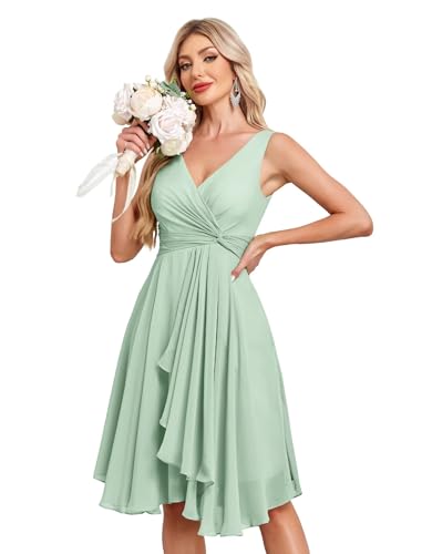 Image of Women's V Neck Short Bridesmaid Dresses 2025 Ruched Waist A Line Chiffon Formal Cocktail Party Dress