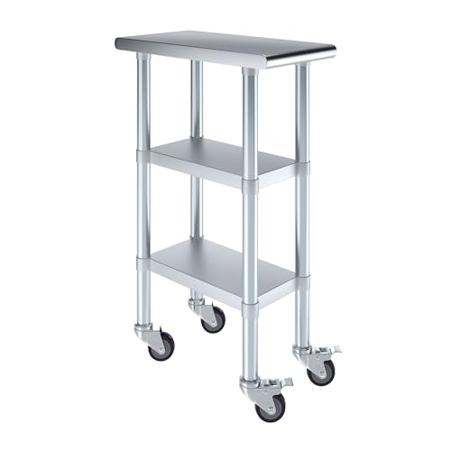 Image of AmGood Stainless Steel Work Table with 2 Shelves and Casters | Metal Utility Table On Wheels (Stainless Steel Work Table with 2 Shelves + Casters, 12 inch Long x 24 inch Deep)