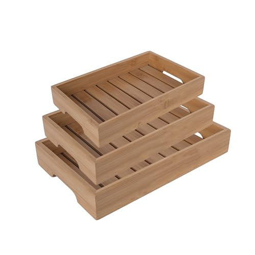 Juego de 3 Bandejas de Bambú, Organizador con Diseño Rústico, Medidas: 38x26, 35x23, 32x20 cm, 5 cm de Alto