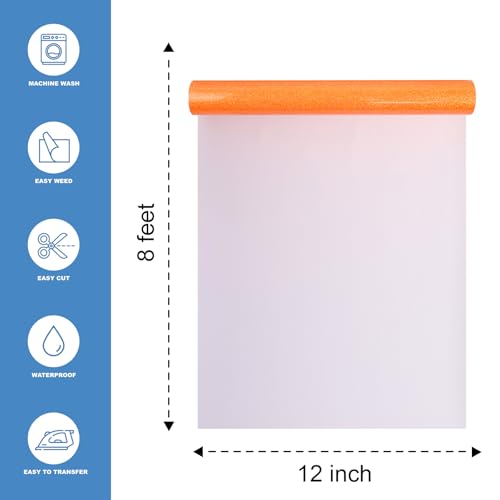 Image of Neon Orange Glitter Heat Transfer Vinyl 12 inch x 8 ft HTV for Shirts, Glitter HTV Iron on for All Cutter Machine - Easy to Cut & Weed for Heat Vinyl Design (Neon Orange)