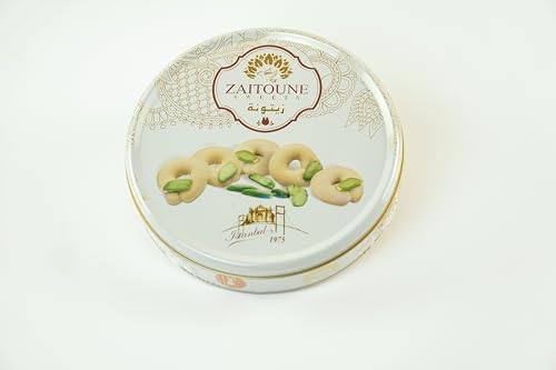 Zaitoune Ghraybeh Cookies - 500 g | Luxury Traditional Middle Eastern Pistachio Shortbreads Handcrafted in Turkey | Beautiful Reusable Gift Tin | Perfect for Dessert | Great Ramadan Sharing Present