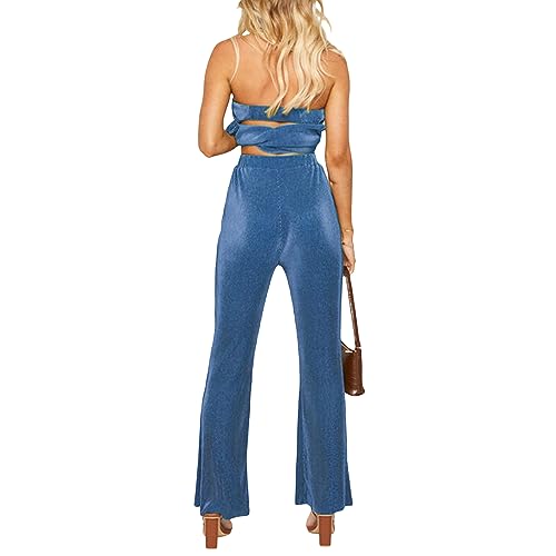 Women Sexy 2 Piece Pants Set Satin Pleated Strapless Off Shoulder Slim Tube Tops Wide Leg High Waist Pants Suits2