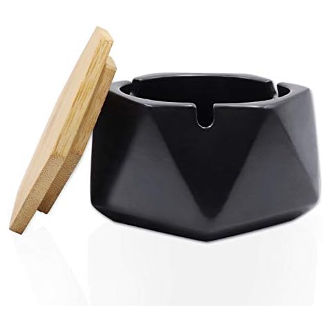 Auspicious beginning Windproof Ceramic Table Ashtray with Lid - Geometric Modern Decoration for Indoors and Outdoors Black Cover