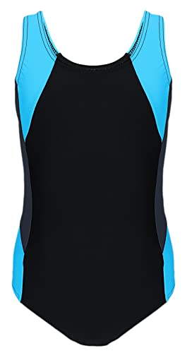Aquarti Mädchen Badeanzug mit Ringerrücken – Sport Badeanzug Mädchen, Chlorresistent, Farbe: Schwarz/Graphit/Blau, Größe: 152