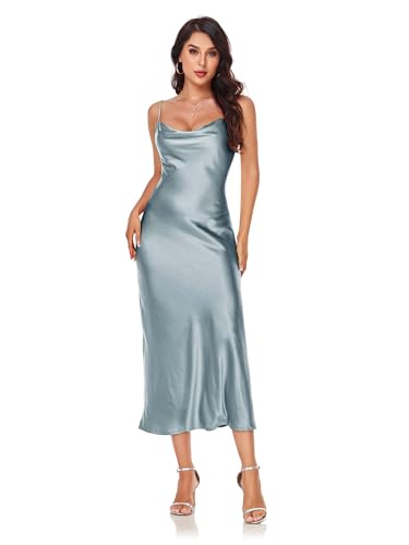 Image of SITELUOYG Women's Spaghetti Strap Midi Satin Silk Dresses Slip Cowl Neck Party Cocktail Evening Sexy Dress, Grey Blue, XL
