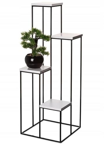 HowHomely Tabouret pour plantes en métal 110 cm avec panneaux MDF - Porte Plantes Dintérieur - Tabouret à fleurs en métal noir - Blanc Beaux ornements - Colonne de fleurs - Tabouret pour plantes noir