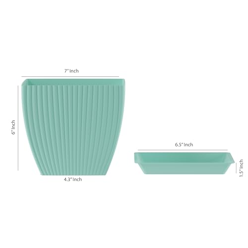 Image of ELUVIA 7-inch Square Planters with Saucers (Set of 5) - Modern Fluted Flower Pots with Drainage Holes and Trays - Premium Plastic Indoor Outdoor Plant Pots for Succulents, Flowers (Sky Blue)