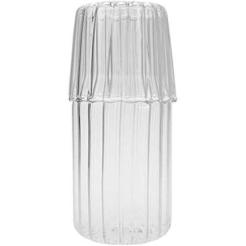 Sizikato 15 Oz Clear Striped Glass Bedside Night Water Carafe with Tumbler Glass Cover
