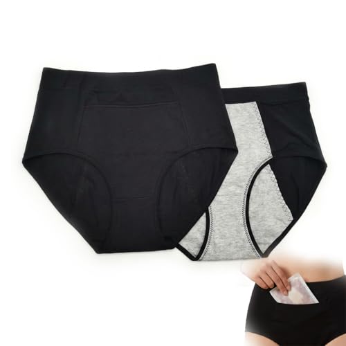 Piaeny 2PCS Culotte Incontinence Femme Lavable, Culotte Anti Fuite Urinaire Femme Lavable sous-vêtements Menstruels à Haute Absorption avec des Poches, Culottes Menstruelles Noir XXL