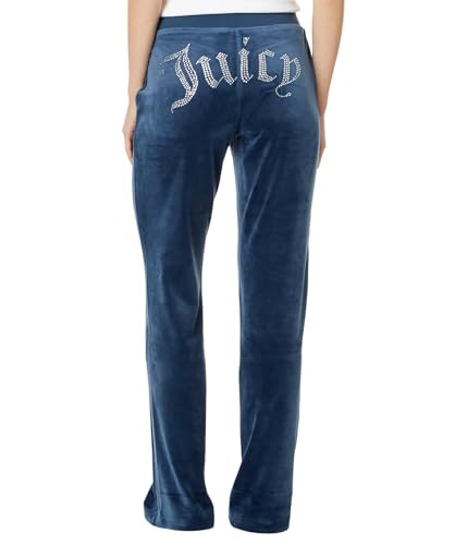 Juicy Couture Womens, Solid Rib Waist Velour Pant W/Drawcord, Midnight Sea, Large, 322