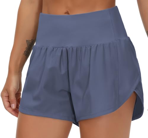 Image of THE GYM PEOPLE Women's High Waisted Running Shorts Quick Dry Workout Shorts | High Waist, Slim Fitted, Built-in Mesh Lined, Back Zipper Pockets, Lightweight, Breathable, Side Slit