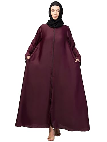 Image of Mallika Women Modest Wear Nida Matt Front Open Zipper Abaya Burkha for Everyday use (Wine, 3XL)