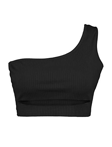 Prettoday Women's Sexy Cutout Sleeveless Crop Tops One Shouler Strappy Tanks Basic Slim Fit Crop Cami Top (Black,Medium) #TOP2