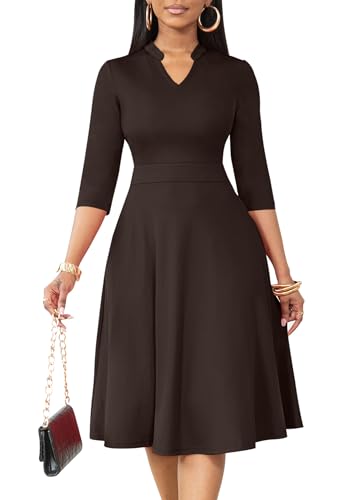 Image of Nmoder Casual Dresses for Women Semi Formal Fit and Flare 3 /4 Sleeve A-line Church Work Dress with Pockets