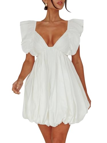 hibshaby Summer Mini Dress Deep V-Neck Babydoll Dress Bubble Dress Backless Lace Up Sexy Short Dress