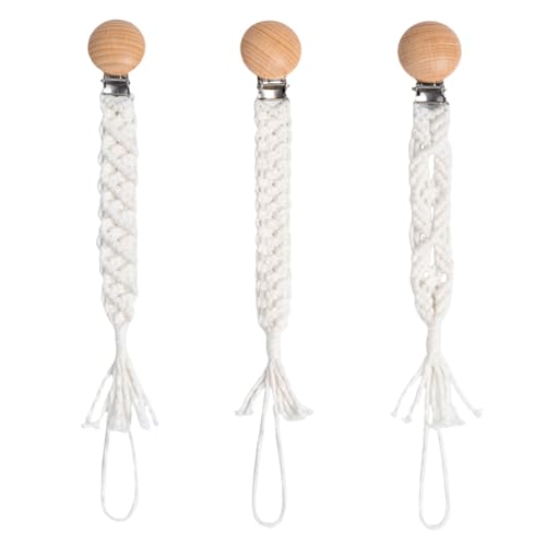 Image of Symbolife Boho Pacifier Clip for Boys Girls Pacifier Holder Leash Wooden Clips Handmade Braided Cotton Unisex Baby Shower Birthday Gift Christmas Gift (Pattern 1)