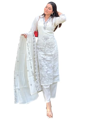 Image of VredeVogel Women's Silk Blend Embroidered Kurta Pant with Dupatta Set | Festive & Casual Summer Kurti with Pants for Party Office & Ethnic Occasions