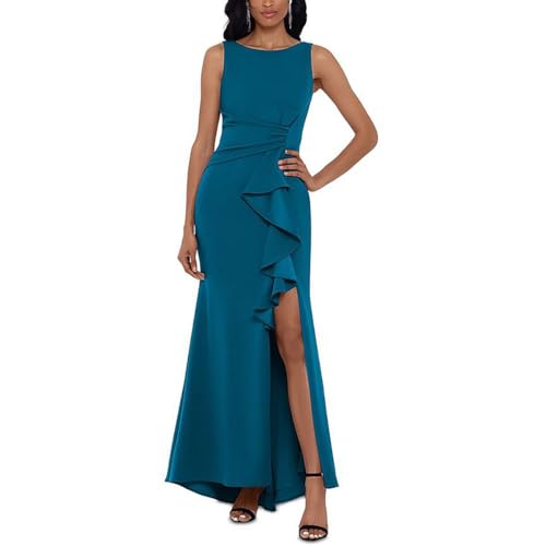 Betsy & Adam Women's Long Sleeveless Boat Neck Ruffle Side Slit Scuba Crepe Gown