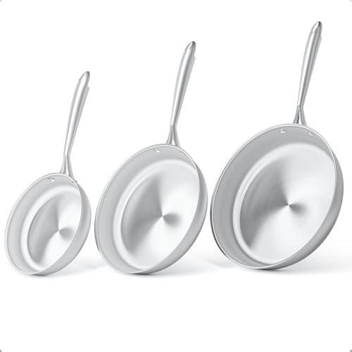 COOKNANO 3-teiliges Pfannenset 20+26+30 cm, Edelstahlpfanne, unbeschichtet, langlebig, hochwertige Edelstahlgriffe, für alle Herdarten geeignet, spülmaschinengeeignet