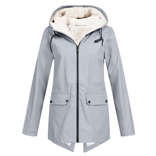 Gefütterte Regenjacke Damen Wasserdicht - Regenmantel Damen Gefüttert Warm Winterjacke mit Teddyfell Kapuze Outdoor Jacke Mantel Dicke Plüsch Wintermantel Wanderjacke...