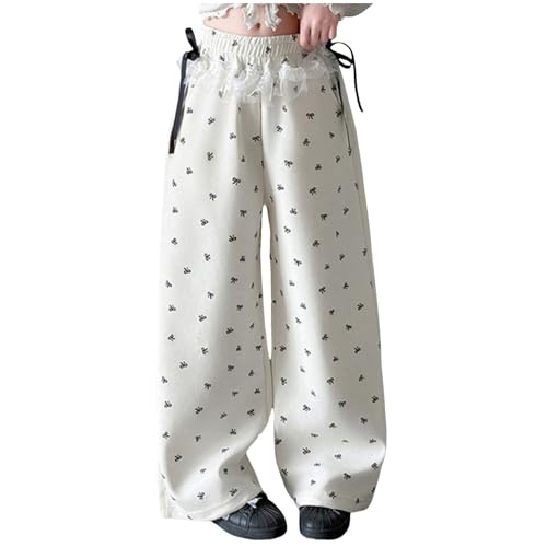 Girls Y2K Wide Leg Sweat Pants with Pockets Teens Kids Casual Ruffle Lace Elastic Waist Baggy Sweatpants Streetwear