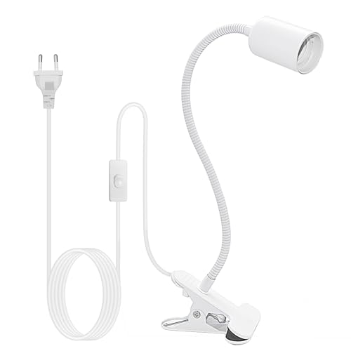 Lampara con Pinza,Portalámpara E27 con Clip,Cuello de Cisne Ajustable 360° Lámpara Lectura Pinza flexo pinza con Interruptor y Enchufe (Blanco Sin Bombilla)