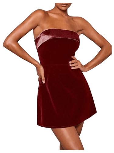 SOLY HUX Women's Elegant Strapless Velvet Dress High Waisted Flared A Line Wedding Guest Mini Tube Dress Pure Burgundy Medium