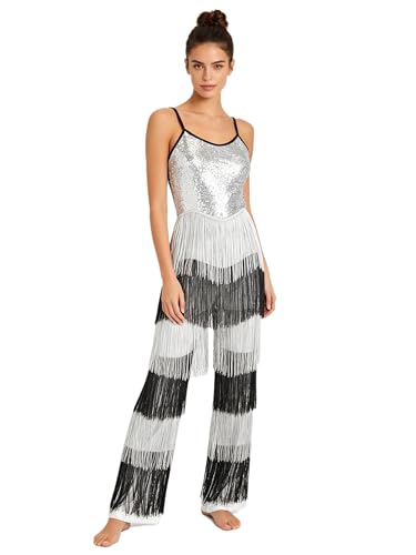 Bodysuit une pièce pour femme avec franges et sequins idéal pour la danse et les fêtes de scène