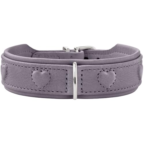 HUNTER Hundehalsband SOHO X Love, Farbe: Flieder-grau, Rindsleder, weich & geschmeidig, gepolstert & fellschonend, eingenähte Herzen, leicht, für kleine Hunde & Welpen, Made in Germany, Größe: 37