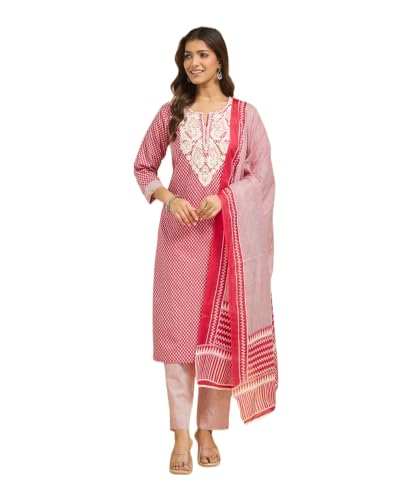 Image of Fabnu by Fabindia Women's Cotton Embroidered Kurta Pant Dupatta Set