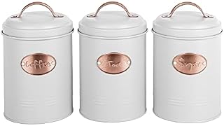 Novel Solutions Retro Round Tea, Sugar, Coffee Canisters 3pc Set with Lids. Decorative Kitchen Food Storage Tin for your favorite Tea bags, Sugar cubes and Coffee beans or powder.