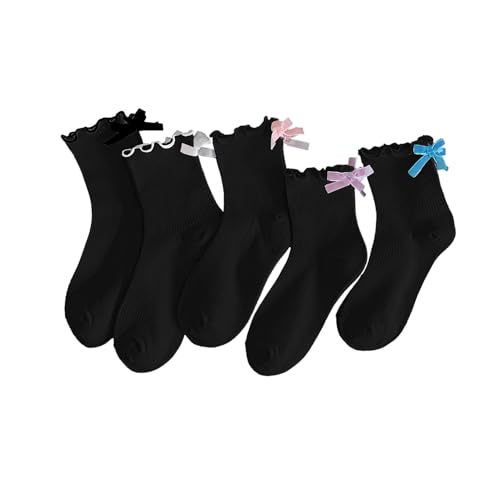 Image of Women's Cute Ankle Ruffle Socks with Bow, Soft Breathable Cotton Lace Bow Ribbed Design Socks, 5 Pairs, Size 5-10