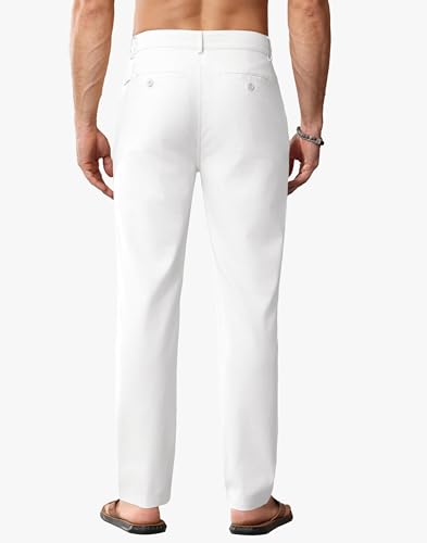JWM Linen Dress Pants for Men Summer Casual Beach Lightweight Comfy Trousers Travel Vacasion Pants with Zipper Pocket 30" White3