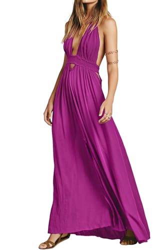 Image of R.Vivimos Boho Maxi Dresses for Women 2026 Summer Sleeveless Halter Elastic Waist Sexy Backless Front Slit Flowy Long Dresses