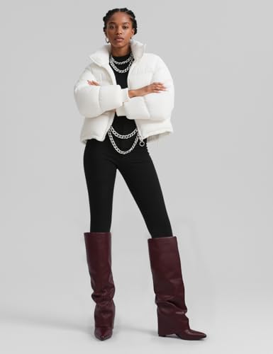Image of Knee High Boots Women Fold Over Boots Chunky Heel Pointed Toe Tall Boots | Fashion Slouchy Boots,Side Zipper Shark Boots,Fall Spring Winter Fashion Dress Tall Boots,Evening Bridal office Long Boots