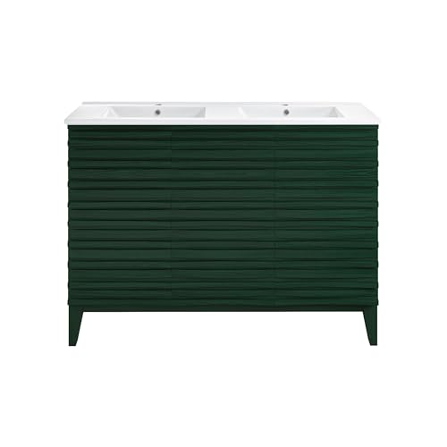 Image of Swiss Madison Cascade 48 inch Freestanding Bathroom Vanity in Green Oak with Double Basin Sink Top
