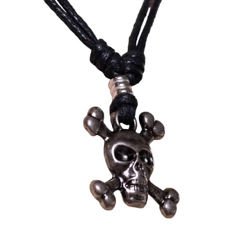 BlueRica Skull and Crossbones on Adjustable Black Cord Necklace (Old Silver Finish)4