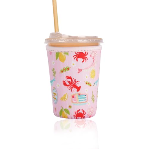 Image of Reusable Insulated Sleeve for Iced Coffee Cup, Coffee Neoprene Sleeve for Cold & Hot Drinks, Beverage Holder for Iced Coffee (Coastal Catch, Small: 16-18oz)