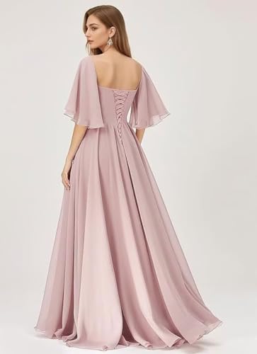 Chiffon Long Bridesmaid Dresses for Women A Line Flutter Sleeve Formal Evening Gowns with Slit Ruffle Prom Dress2