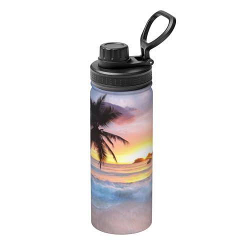日の出のトロピカルなヤシの木の島 真空断熱コンビニマグカップ 直飲み 530ml 漏れにくい水筒
