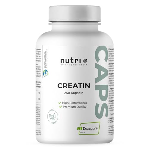 Nutri + Creatin Creapure Kapseln mit 850 mg Creatinmonohydrat Pulver - 100% rein, vegan + hochdosiert - 240 hochwertige Kreatin Caps aus Deutschland