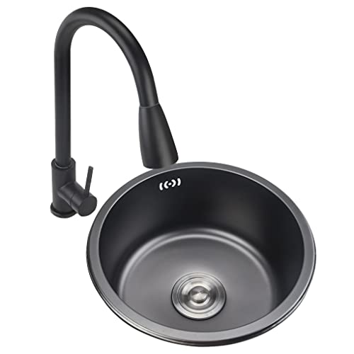 Mini évier rond noir à une seule cuve Petit évier à une seule cuvette en acier inoxydable 304 Évier de cuisine de balcon pour installation au-dessus et...