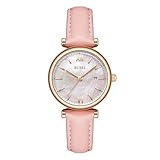 BUREI Orologio da donna in pelle rosa, alla moda, semplice, analogico, al quarzo, impermeabile, con tre lancette, da donna, da polso piccolo, regalo per la mamma (rosa), Rosa