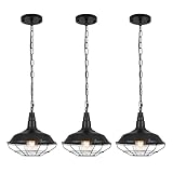UShe DHome Black Pendant Light Kitchen Island 3 Pack, Farmhouse Pendant Light with Metal Wire Cage, Industrial Hanging Lights for Kitchen Sink Barn Dining Room