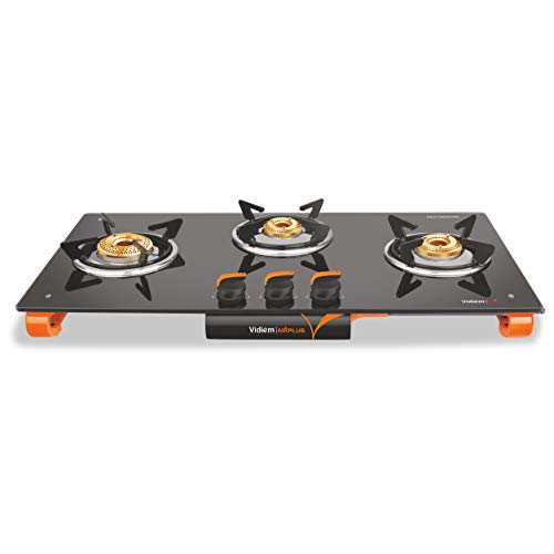 Vidiem Gas Stove G3 121 A Air Plus (Orange and Black) | 3 Burner Gas Stove Frameless | 8mm Toughened Glass Gas Stove | Manual Ignition | 2 years warranty