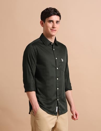 Image of U.S. Polo ASSN. Solid Tailored Fit Shirt for Men - 100% Cotton, Breathable & Comfortable, Full Sleeves Casual Shirt for Men