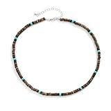 DIMENSION: 45+7cm ANAZOZ Collier Perles en Bois et Turquoise Boho, Brun Bleu, Collier Court Homme Surfeur, 45+7cm