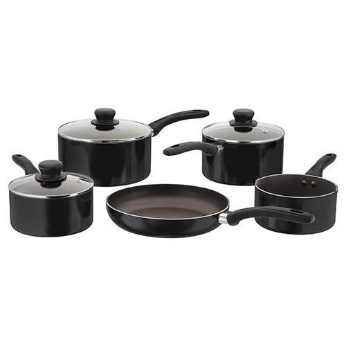 Judge Radiant JOMC2B Teflon Non-Stick Saucepan Set Milk Pan, Frying Pan and 16cm, 18cm & 20cm Pans, Glass Lids with Vent, Induction Ready, Oven Safe