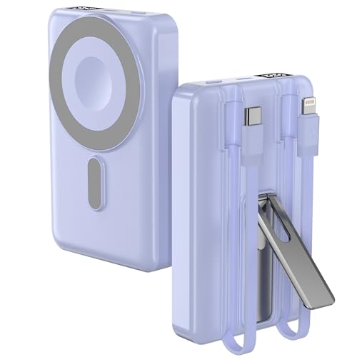 【コンパクト10000mAh&モバイルバッテリー 大容量】 MagSafe対応 超薄型 マグネット式ワイヤレスモバイルバッテリー 軽量 急速充電 LED残量表示 スタンド内蔵 2ケーブル内蔵 Type-Cとlightning Type-C外部ポート 機内持ち込み可 災害/旅行/出張 (ライトブルー)