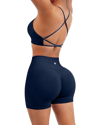 Image of SUUKSESS Women Seamless Workout Sets Strappy Sports Bra High Waist Booty Shorts Outfits
